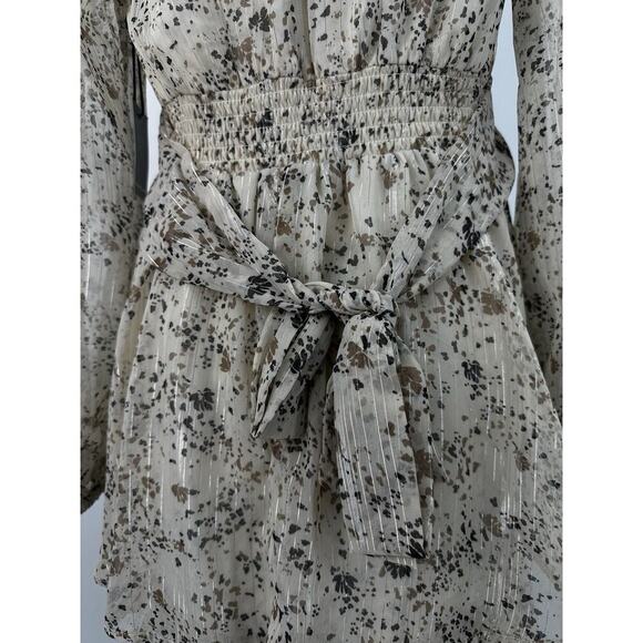 Japna Beige Floral Metallic Ruffle Tiered Long Sleeve V-Neck Mini Dress Size M - Picture 6 of 6